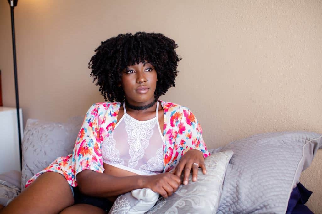 Floral kimono with white bralette and jean shorts