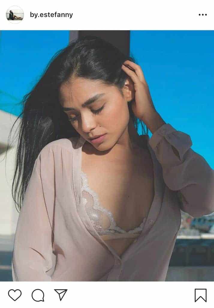 Nude long sleeved blouse with white lace bralette