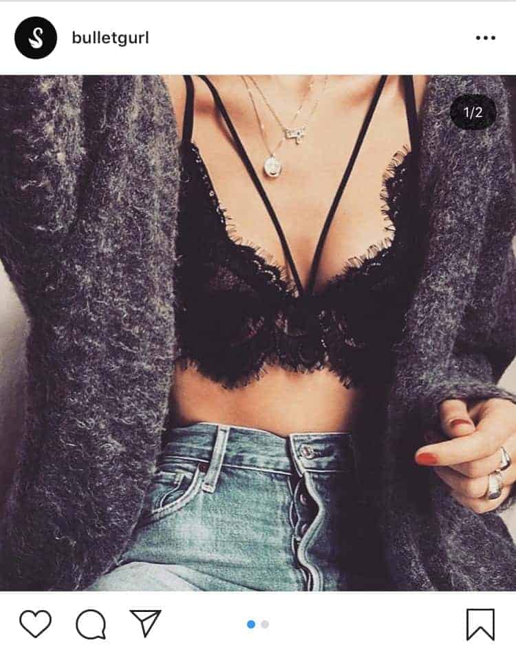 Black bralette with gray cardigan