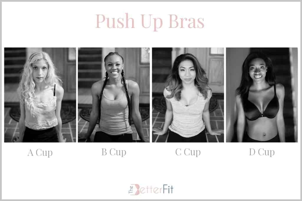 Four women in push up bras, ranging in breast size from A cup, B cup, C cup, and D cup