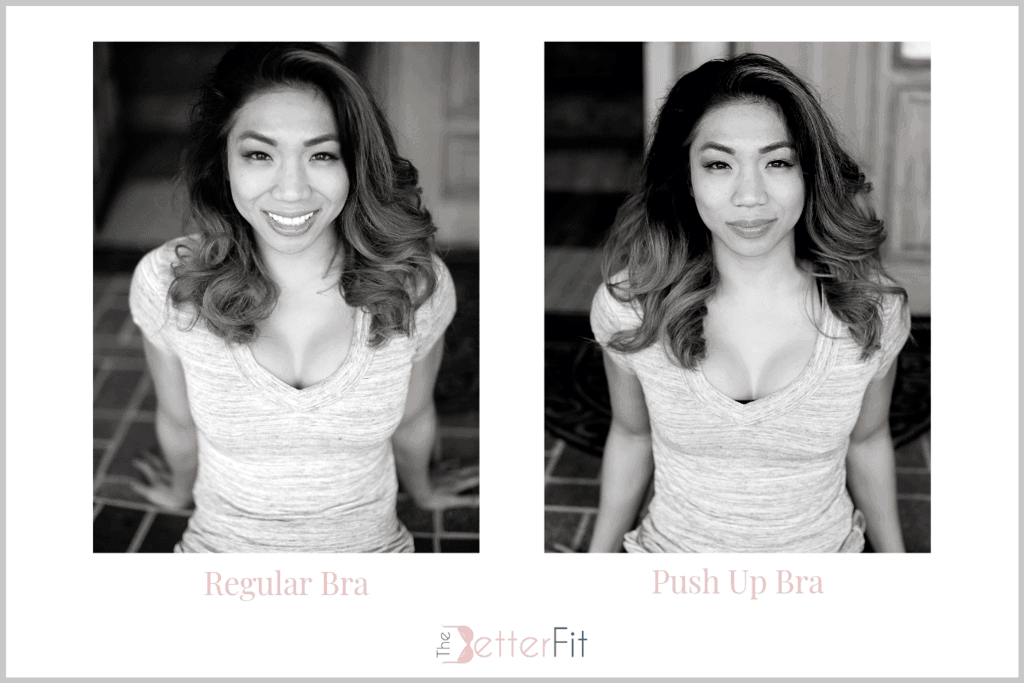 A C up girl has a push up bra vs a regular bra in side by side pictures