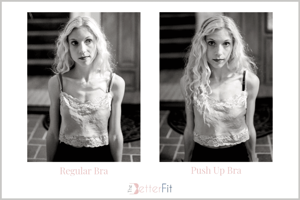 An A cup girl side by side comparison picture of a push up bra vs a regular bra