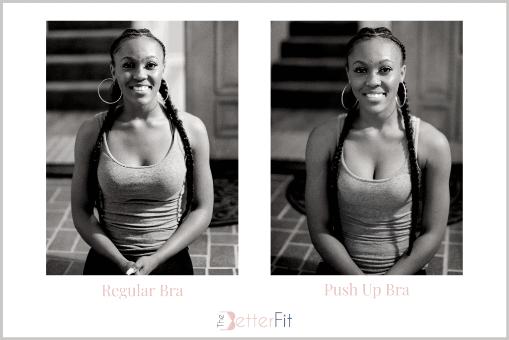 A B cup girl side by side comparison picture of a regular bra vs push bra