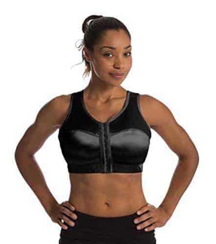 Woman wearing a black front clasping sports bra