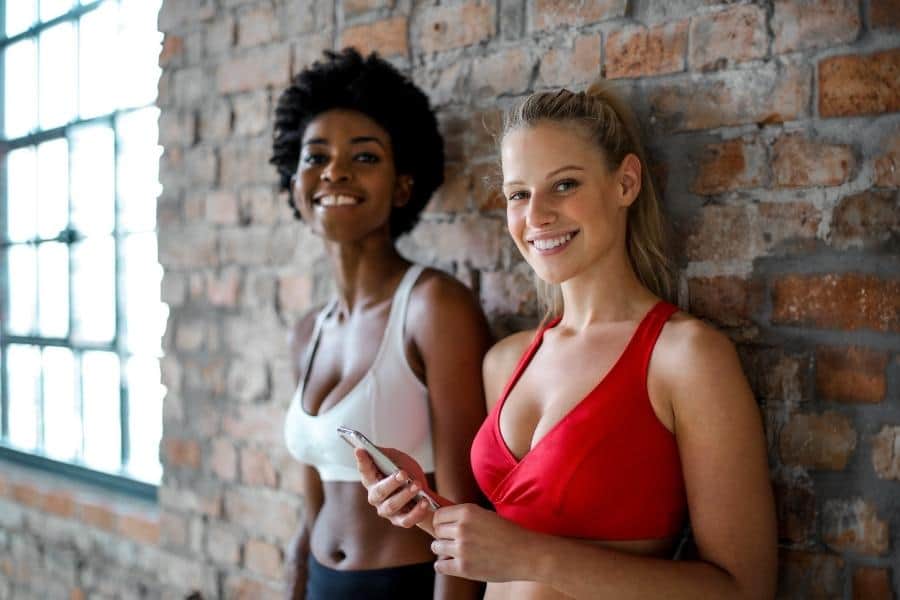 Two women wearing bra