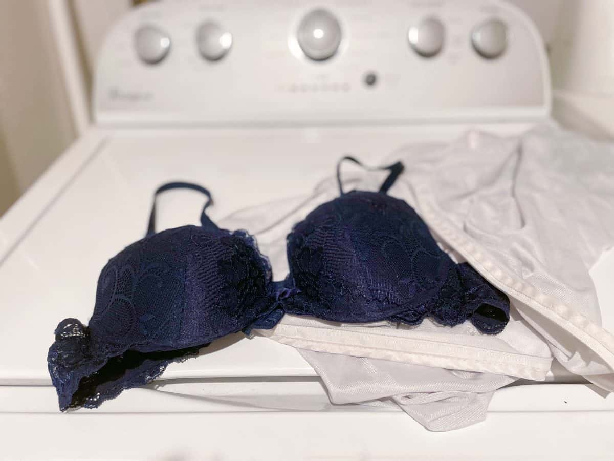 Victoria's Secret blue lace bra placed on top of a mesh laundry bag and a washer