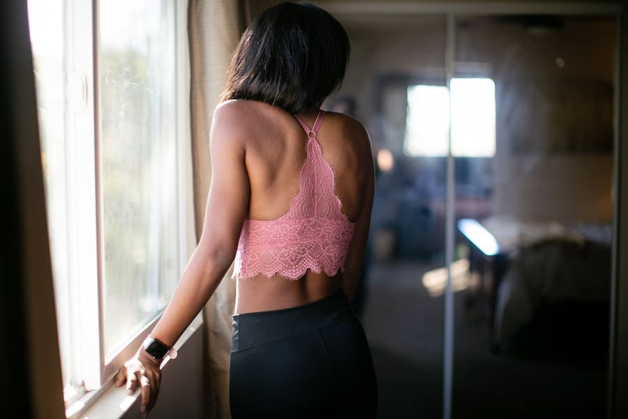 A girl wearing a laced longline bra