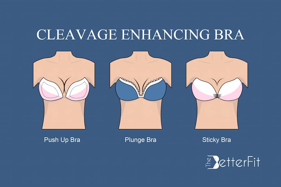 Push-up bra, plunge bra, and sticky bra are examples of cleavage enhancing bras