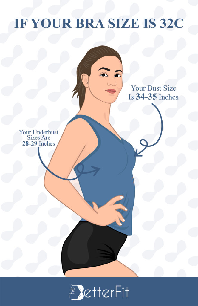 If your bra size is 32C, your bust size measures around 34-35 inches with an underbust size of 28-29 inches
