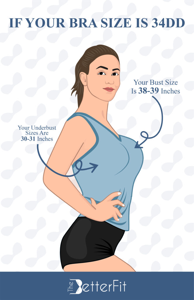 If your bra size is 34DD, your underbust size is around 30-31 inches with a bust size ranging from 38-39 inches