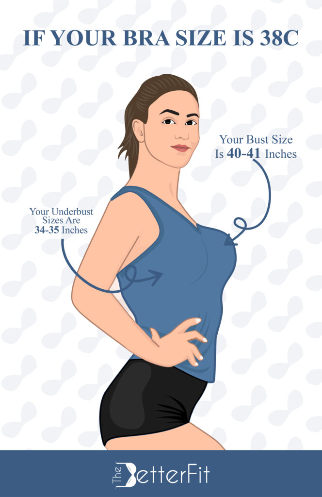 If you have a 38C bra size, your underbust measures around 34-35 inches with a bust size ranging from 40-41 inches