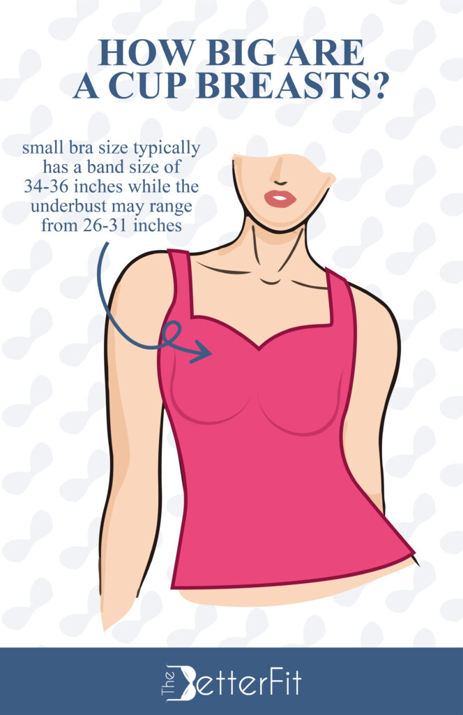 A cup size usually has a band size of 34 to 36 inches and underbust may range from 26 to 31 inches