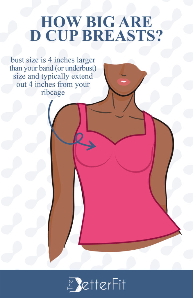 D cup bust size is 4 inches is larger than your band, and typically extends 4 inches from your ribcage