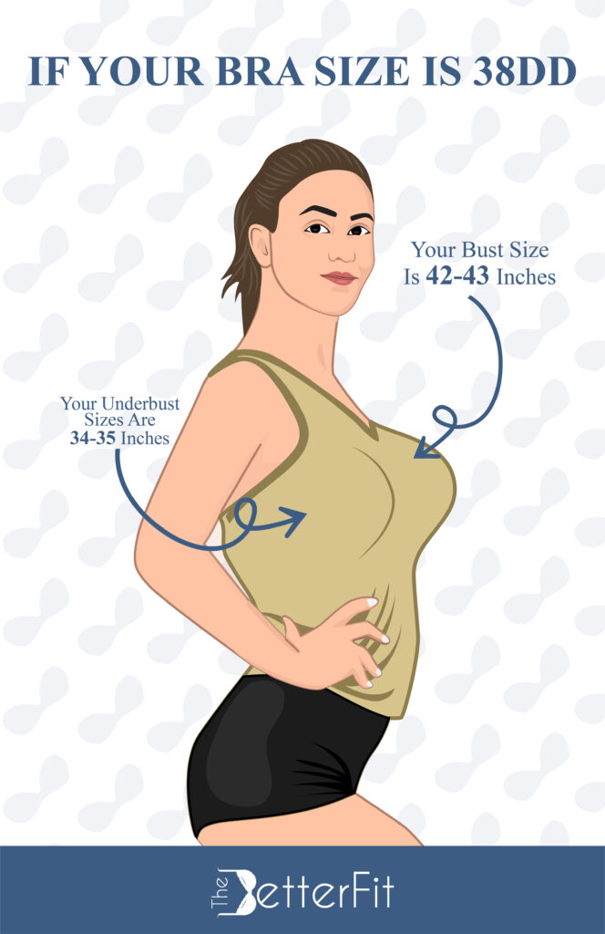 If your bra size is 38DD, your bust size measures around 42-43 inches, with an underbust size ranging from 34-35 inches