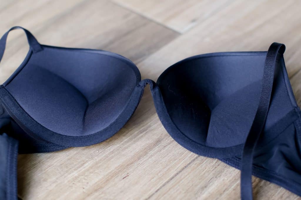 A close-up image of a blue colored bra