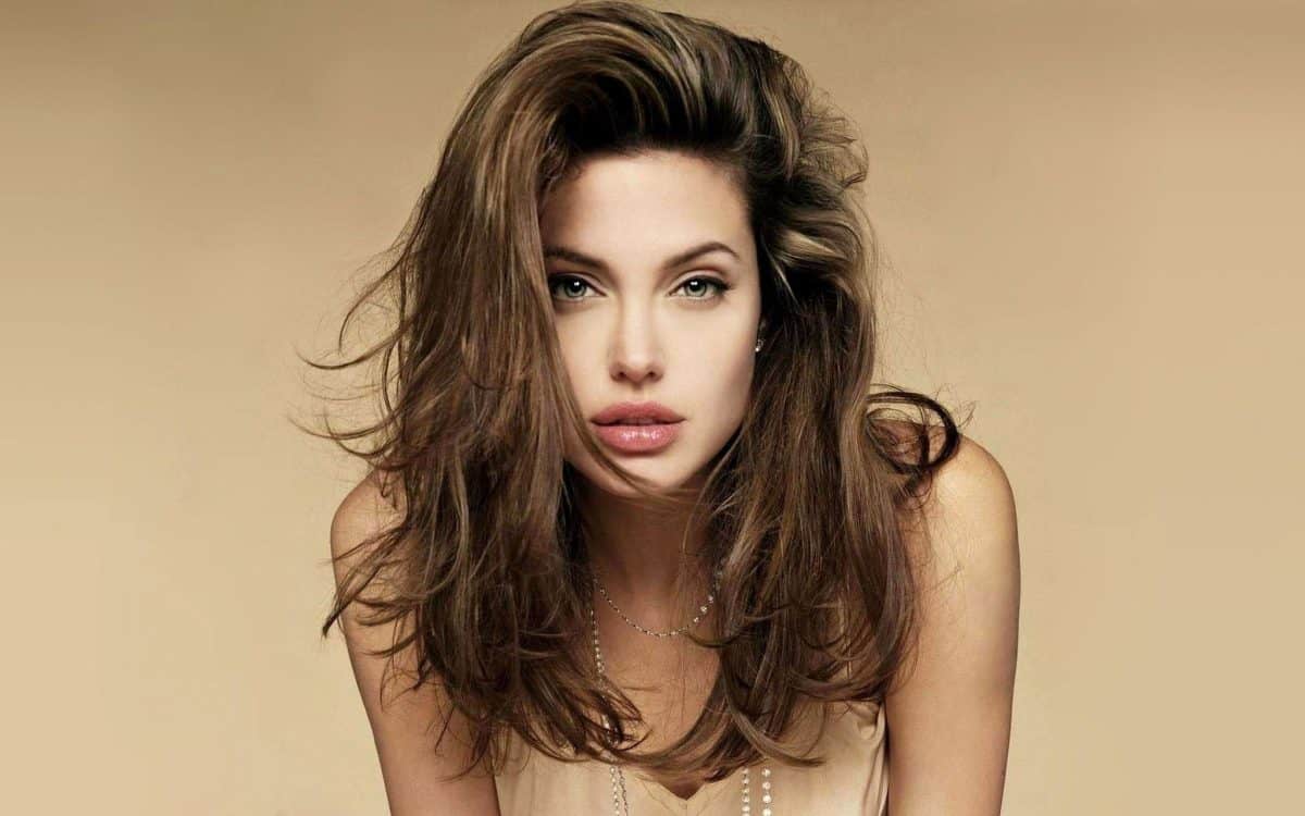 Angelina Jolie wears a light pink dress and silver necklaces with messy brown hair while being photographed on a light brown background