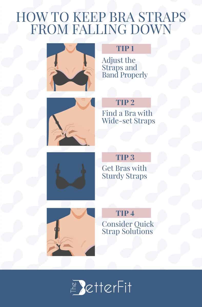 Graphic image that features a series of illustrations on how to keep bra staps in place to prevent them from falling down