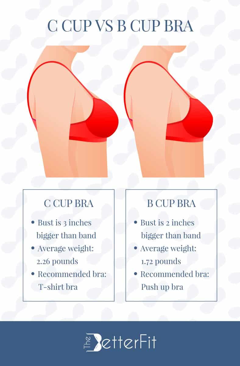 Graphic image that features a drawing of two figures wearing a red bra, which compares a C cup bra size against a B cup bra size