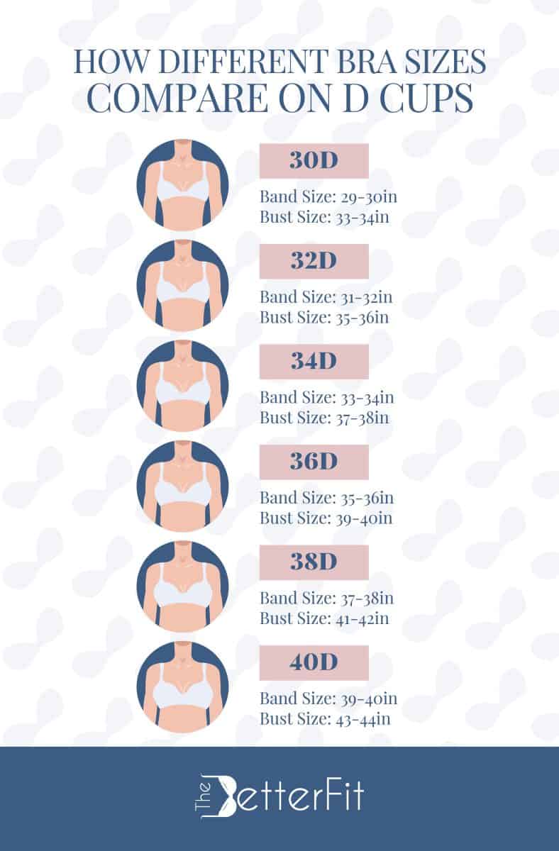 Graphic image that has illustrations of different D cup sizes ranging from 30D to 40D with their features