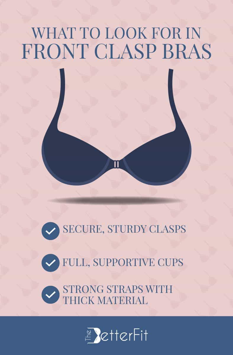 Graphic image with a drawing of a blue bra that describes what features to look for in front clasping bras