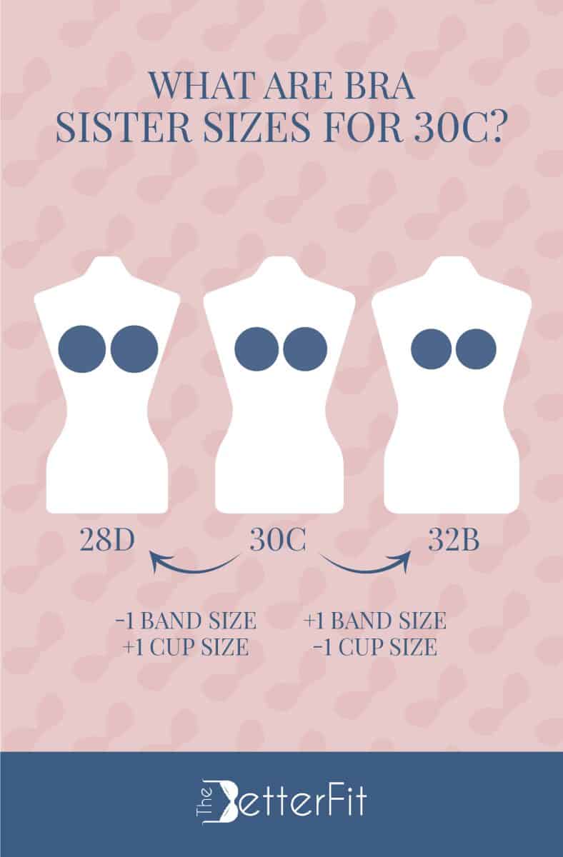 Graphic image that features an illustration of three white dummies representing the sister sizes for a 30C cup size