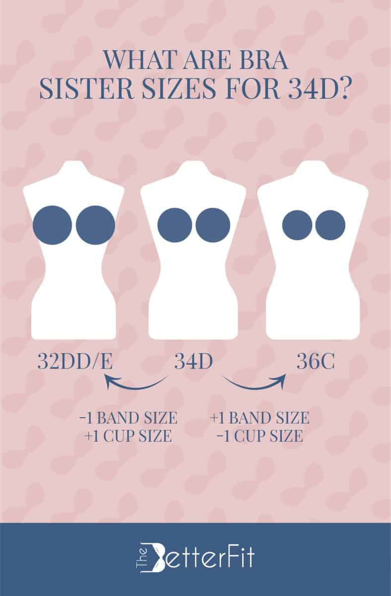 Graphic image that features an illustration of three white body mannequins representing 32DD/E, 34D and 36C as the sister sizes for a 34D cup size
