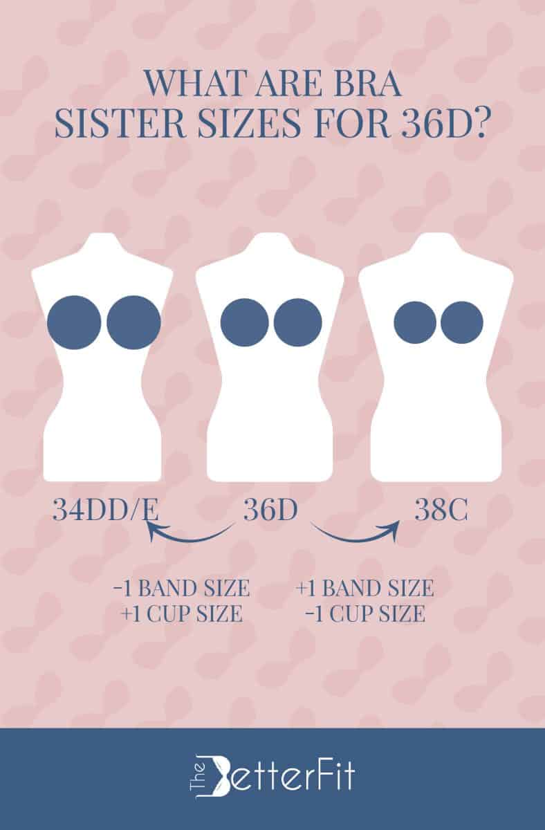 Graphic image that has images of three white dummies representing 34DD/E, 36D and 38C as the sister sizes for a 36D bra size