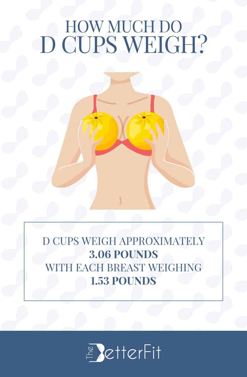 Graphic image of a woman holding a pair of melons against her chest and explains that D cups weigh around 3.06 pounds