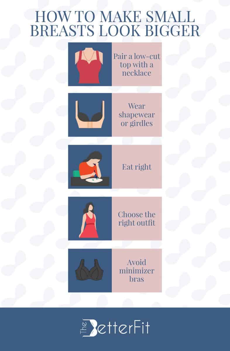 Graphic image with a series of drawings that shows several ways on how to make small breasts look bigger