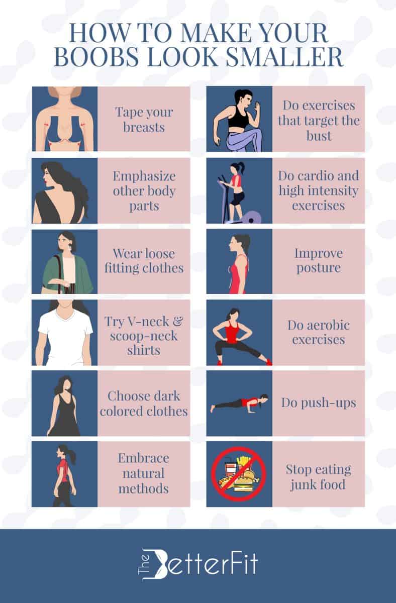 Graphic image with a series of drawings that shows how to make your boobs look smaller effectively