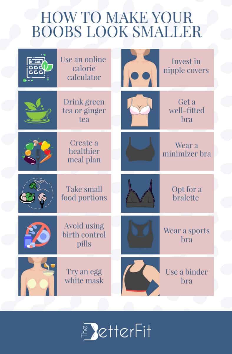 Graphic image with a series of illustrations that shows ways on how to make your boobs look smaller