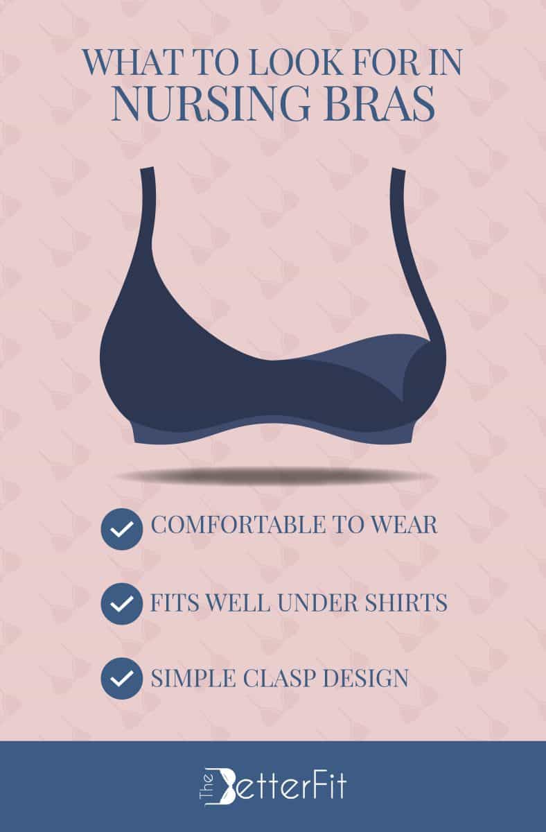 Graphic image with a featured drawing of a blue bra which informs that nursing bras are ideally comfortable to wear and should have a simple clasp design