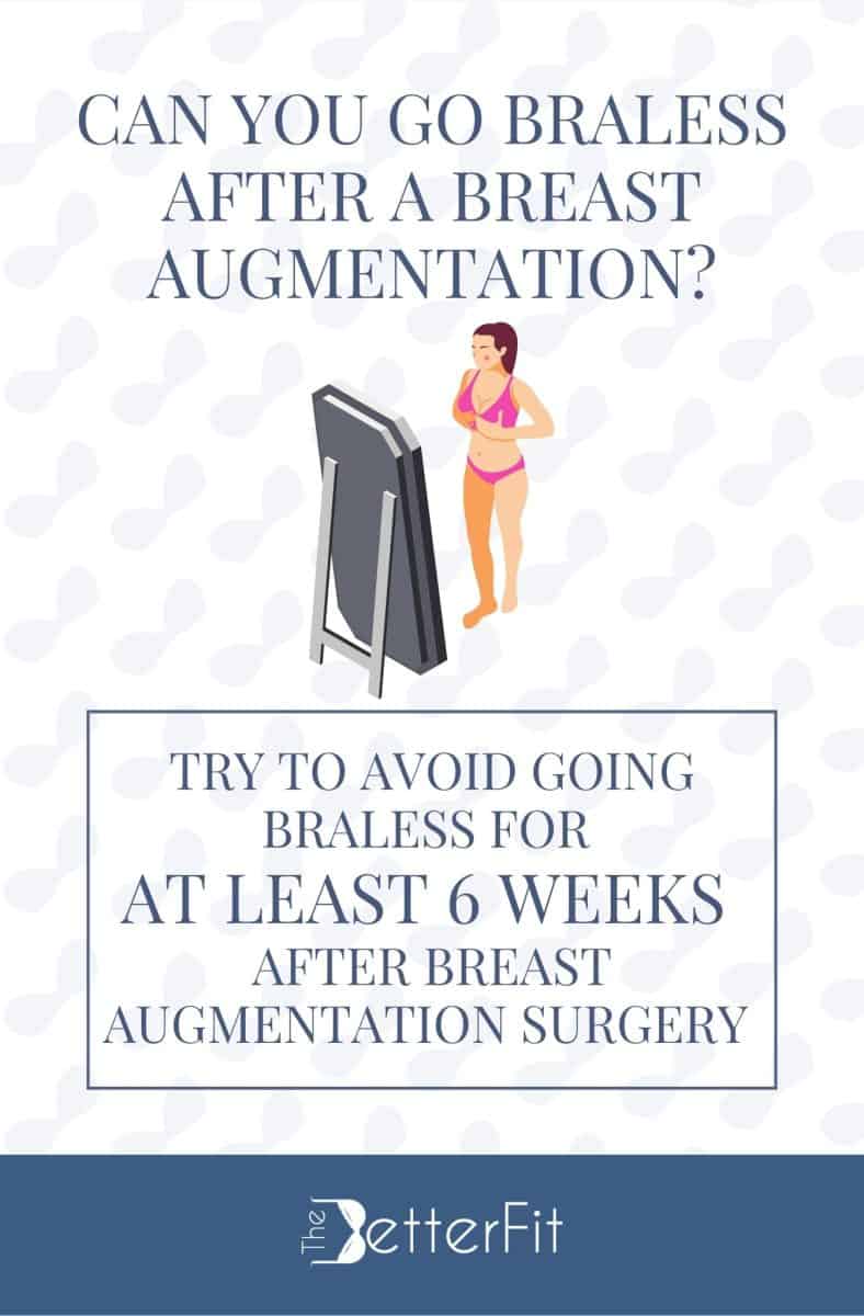 Graphic illustration of a woman in her underwear looking at a full length mirror with a text description advising not to go braless for six weeks after breast augmentation surgery