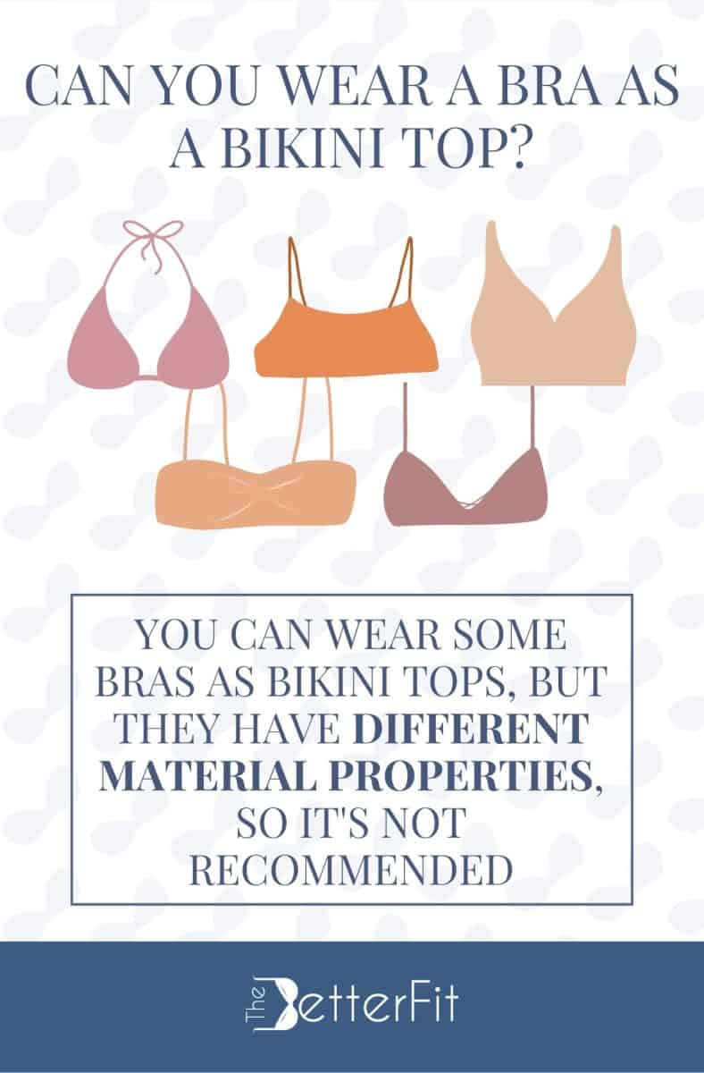 Graphic image of various types of bras that explains how you can wear some bras as bikini tops, but not recommended to be worn when swimming