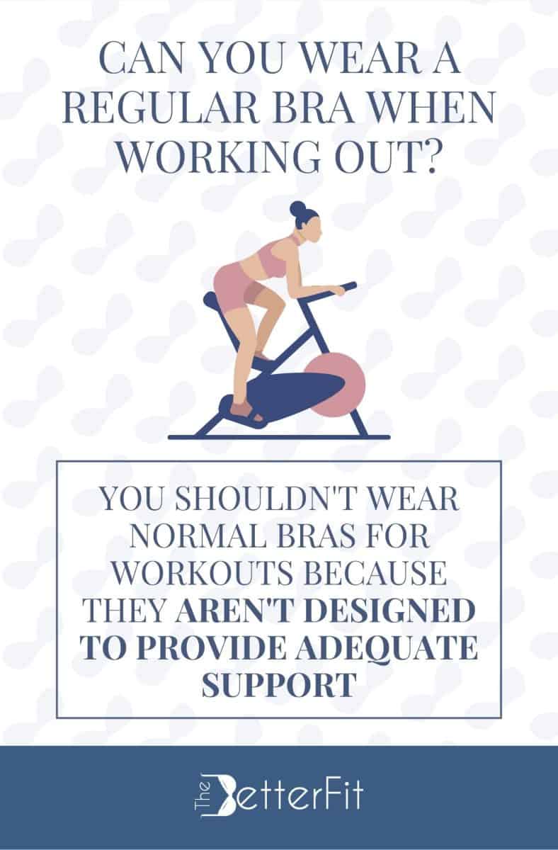 Graphic image of a woman using an excercise bike that explains why you should avoid wearing regular bras while working out
