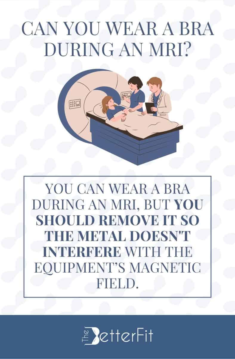Graphic image of a patient being briefed by doctors while lying on an MRI with a text that states that it is better if you don't wear a bra to avoid interference with its magnetic field