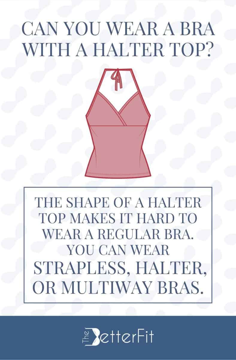 Graphic image of a red halter top that explains that the best bras for halter tops are strapless bras and multi way bras