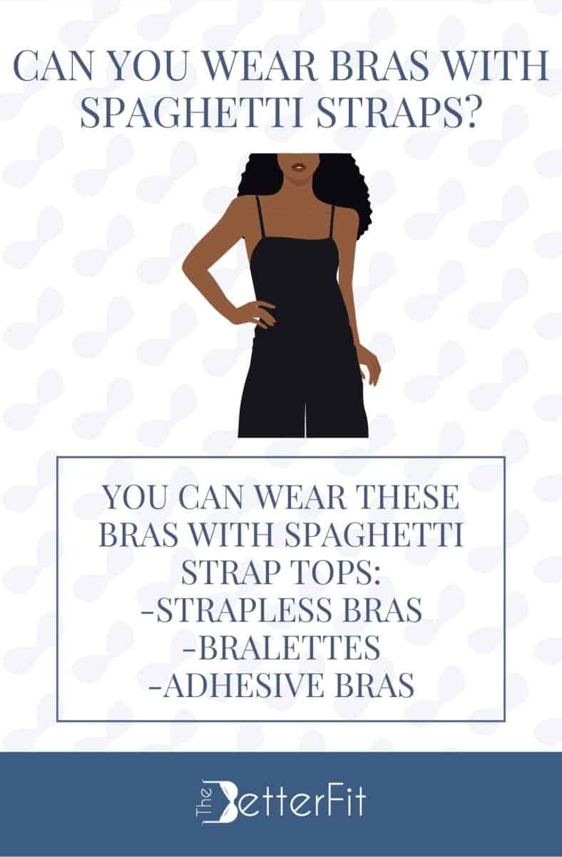 Graphic image of a woman wearing a black dress that states that the best bras for spaghetti straps are strapless, bralettes and adhesive bras