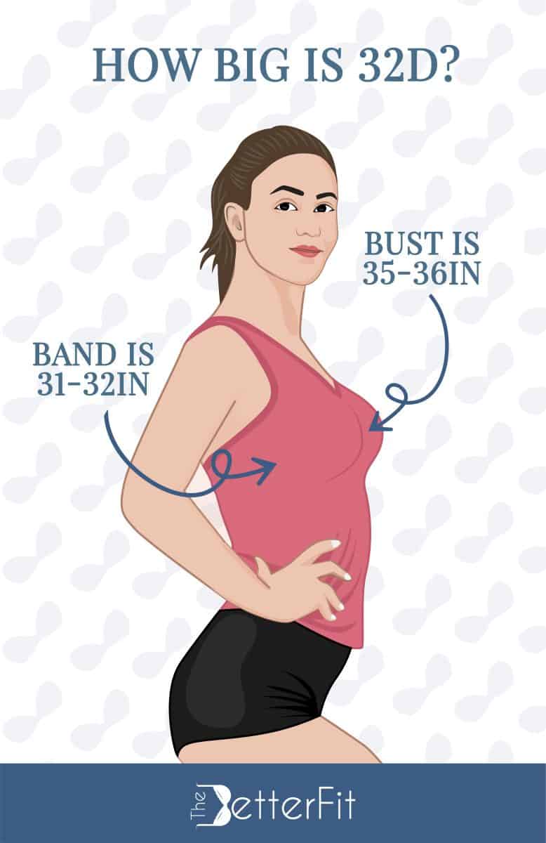 Graphic image of a woman wearing a pink tank top and black shorts that explains that a 32D bra size has a bust size range of 35-36 inches and a band size of 31-32 inches