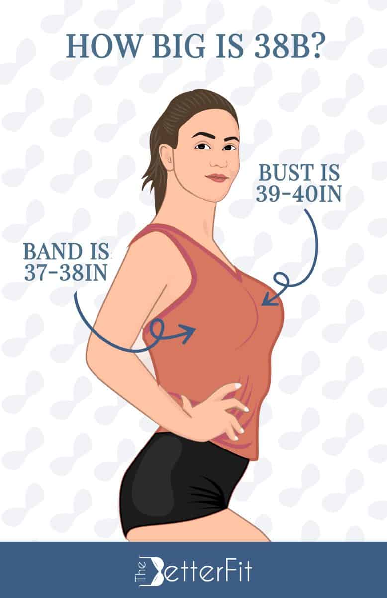 Graphic image of a woman wearing an orange tank top and black shorts with a text explaining that a 38B bra size has a bust size range of 39-40 inches and 37-38 inches band size
