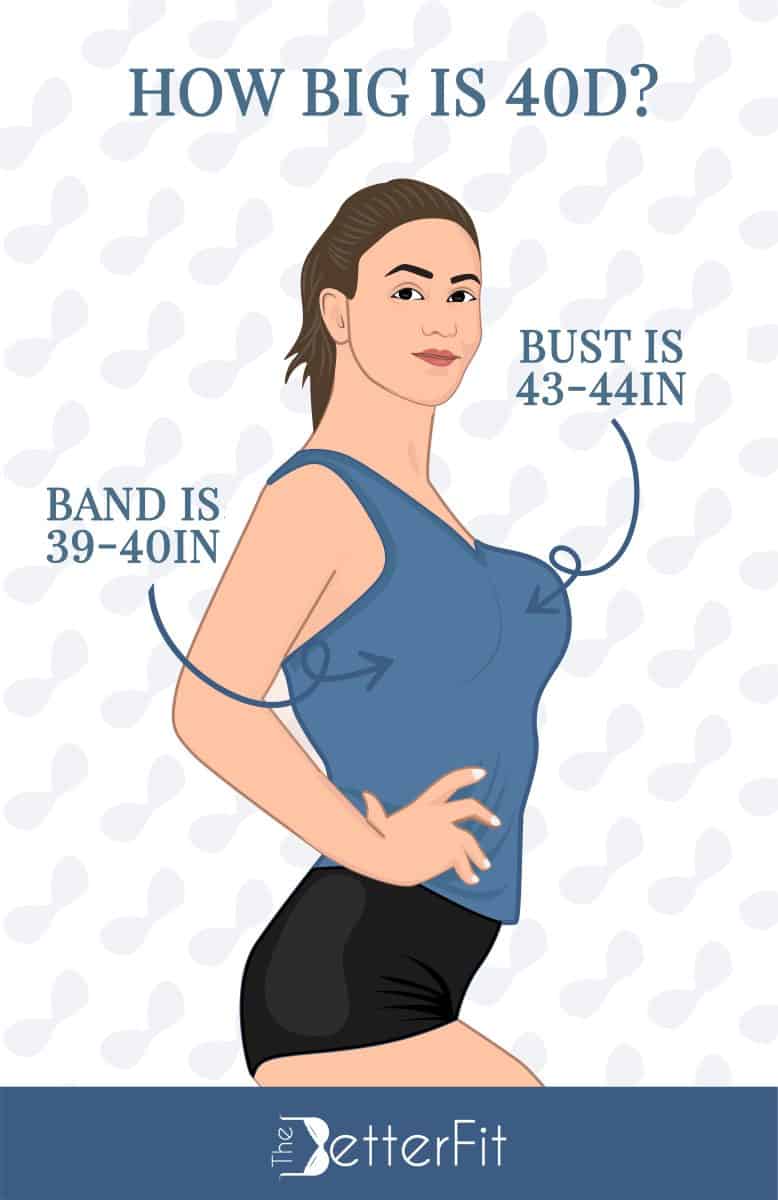 Graphic image of a woman wearing a blue top and black shorts explaining that a 40D bra size has a bust size of 43-44 inches and band size range of 39-40 inches