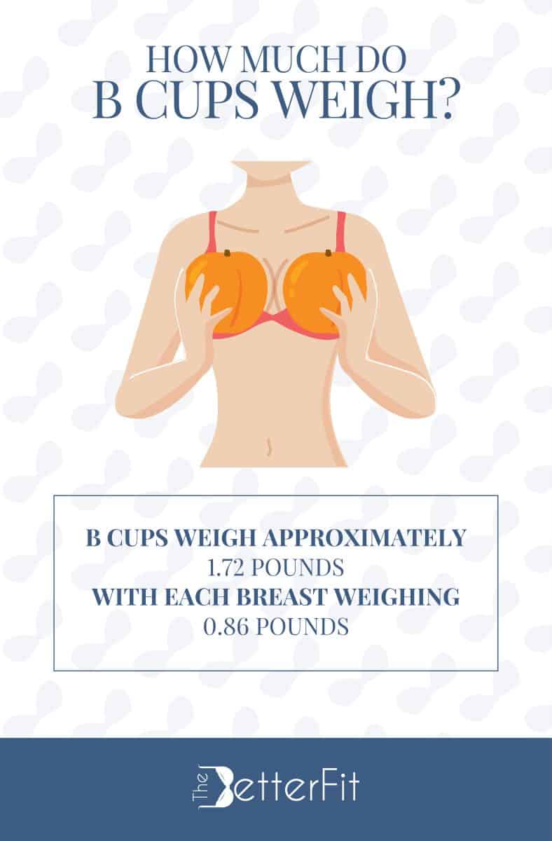 Graphic image of a woman holding a pair of oranges against her chest and explains that B cups weigh around 1.72 pounds