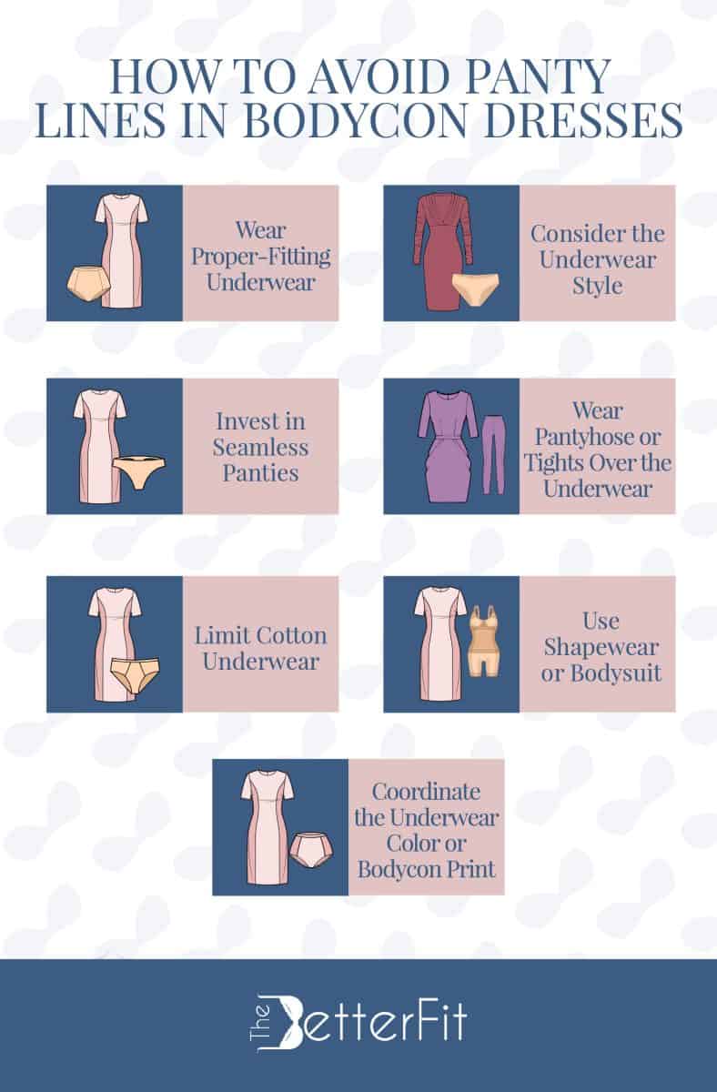 Graphic illustration of various images that gives tips on how to avoid panty lines in bodycon dresses