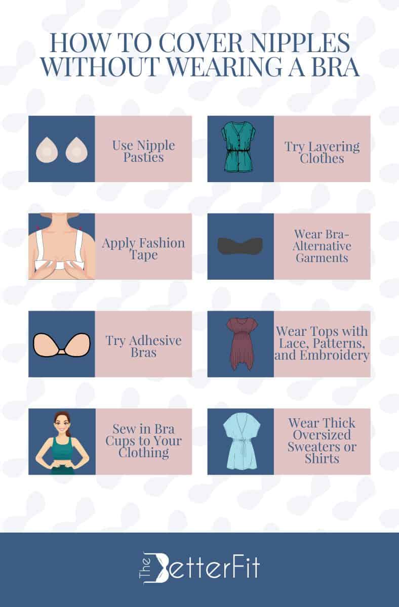 Graphic image of various illustrations with descriptions on how to cover nipples without wearing a bra