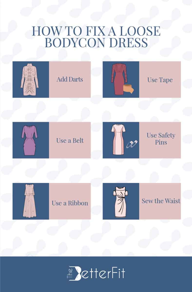 Graphic illustration of various images that shows how to fix a loose bodycon dress