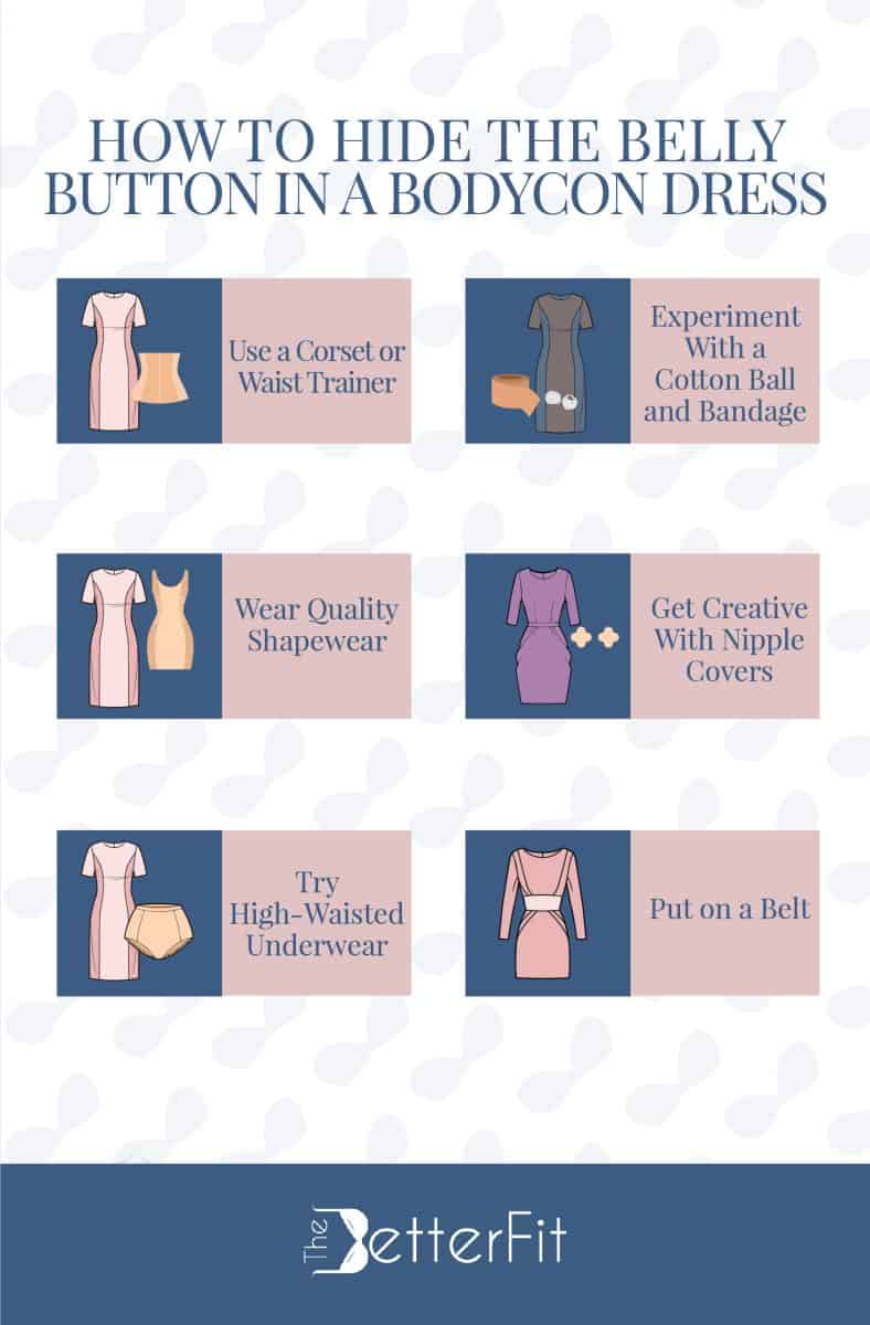 Graphic illustration of various images that shows how to hide the belly button in a bodycon dress