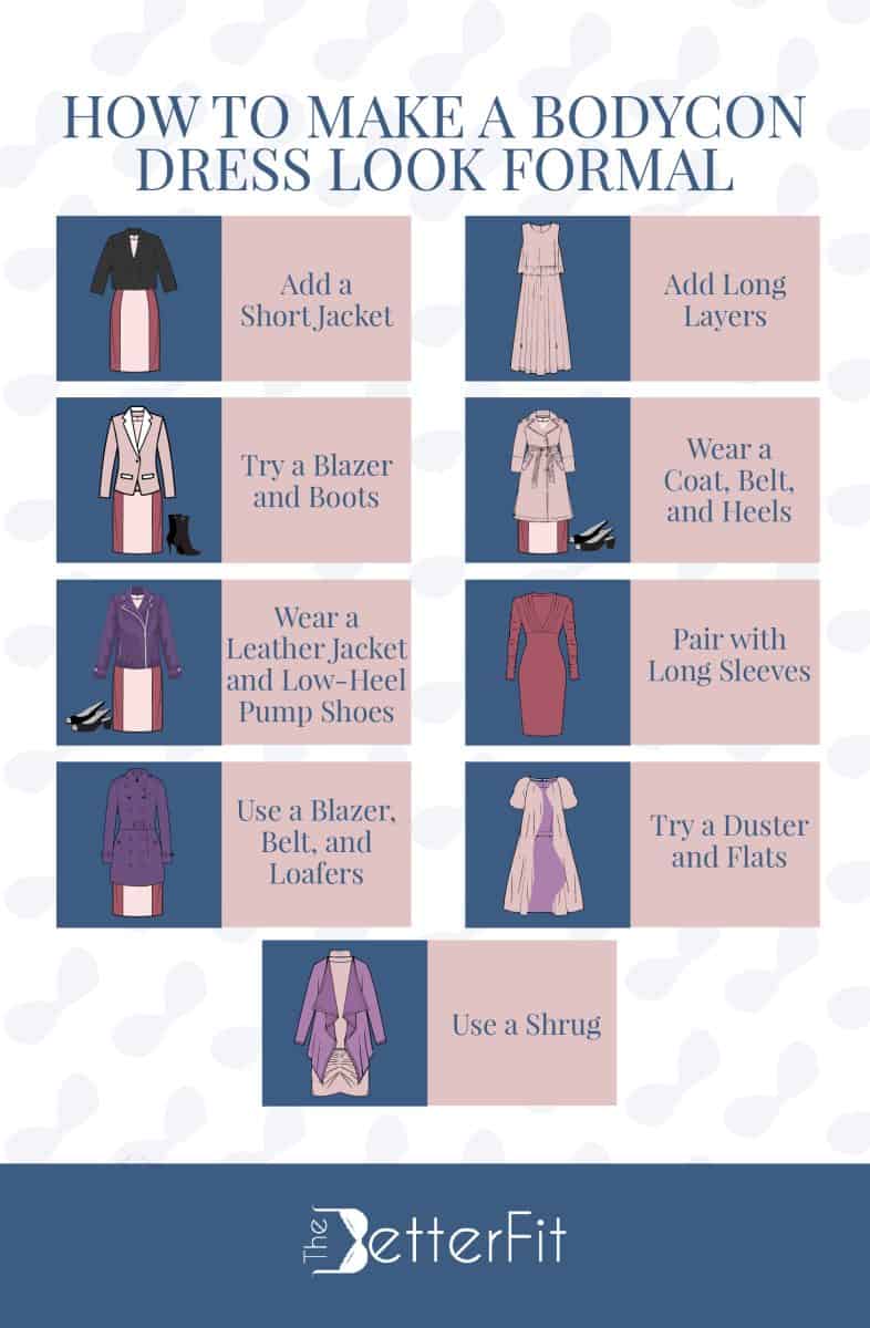 Graphic illustration of various images that shows different ideas on how to make a bodycon dress look formal