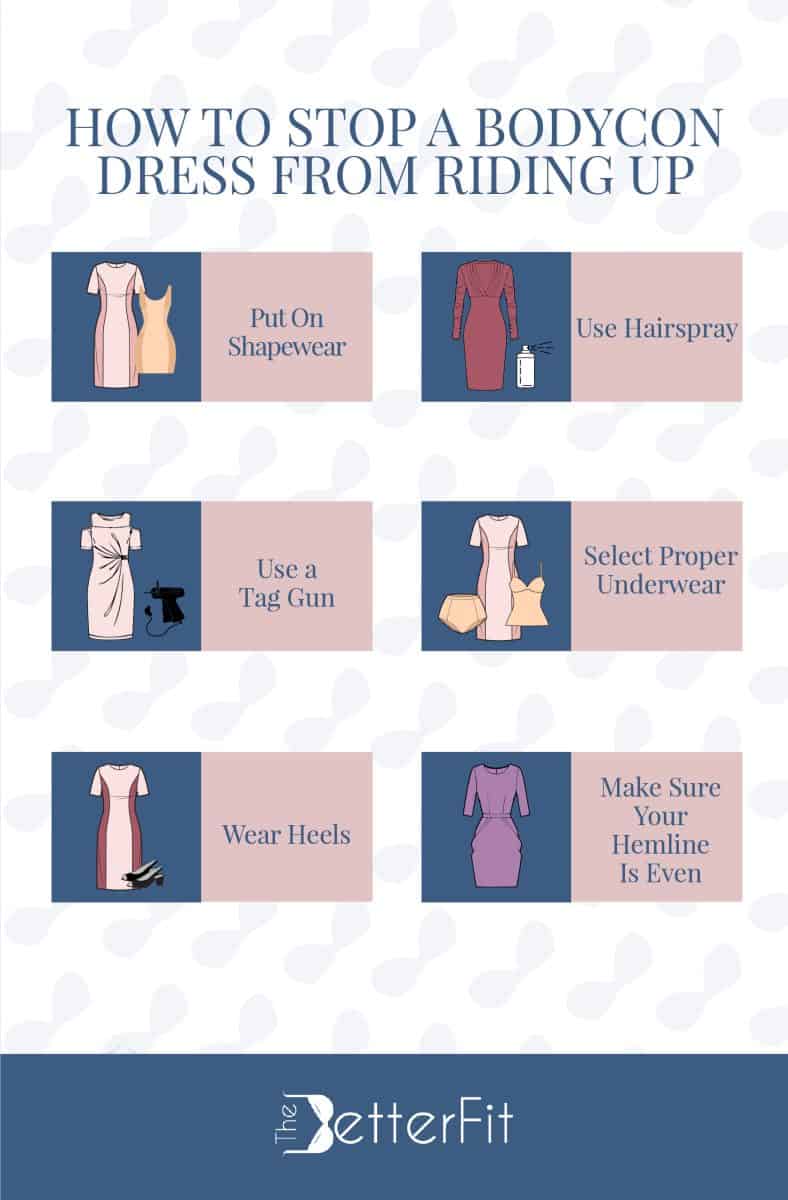 Graphic illustration of various images that shows how to stop a bodycon dress from riding up