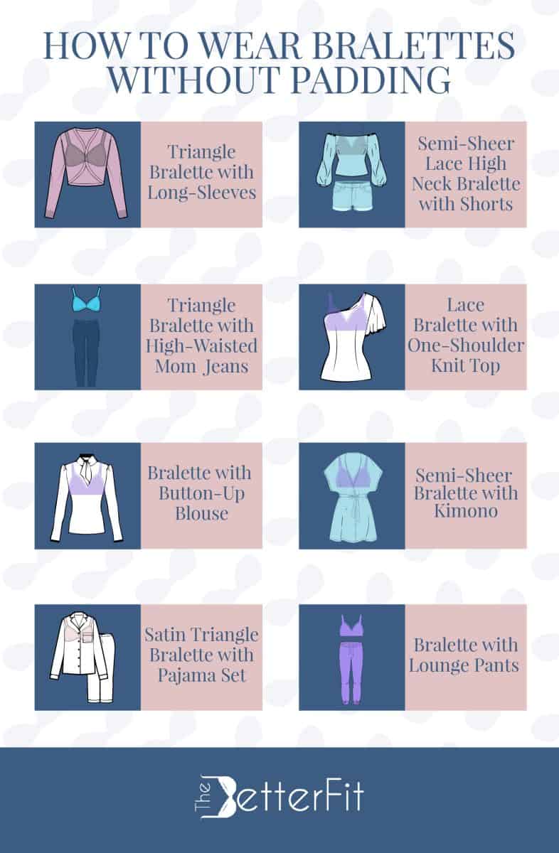 Graphic illustration of various images that lists style ideas of how to wear bralettes without padding