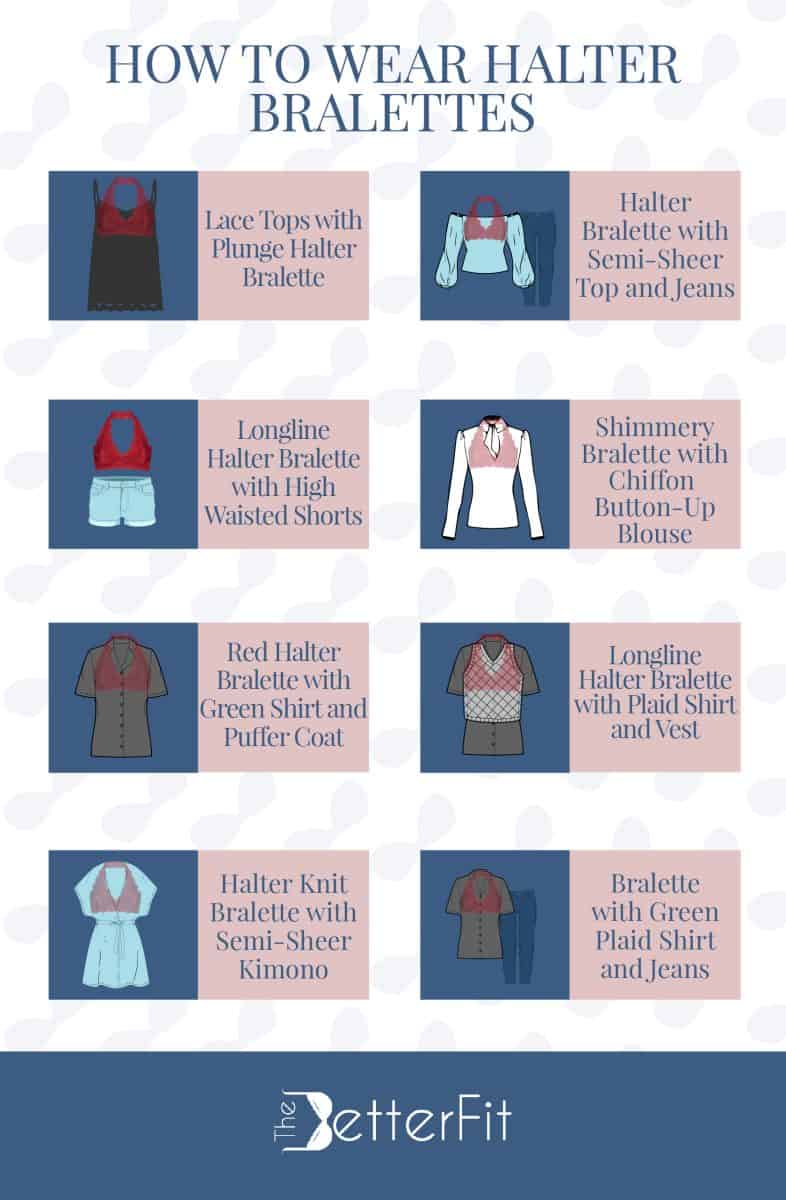 Graphic illustration of various images that shows the different ways of how to wear halter bralettes